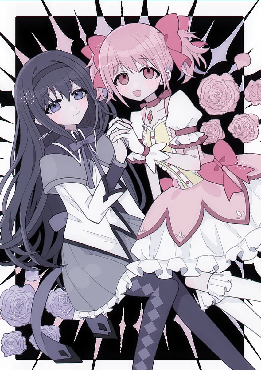 akemi homura and kaname madoka (mahou shoujo madoka magica) drawn by yakitori_egg