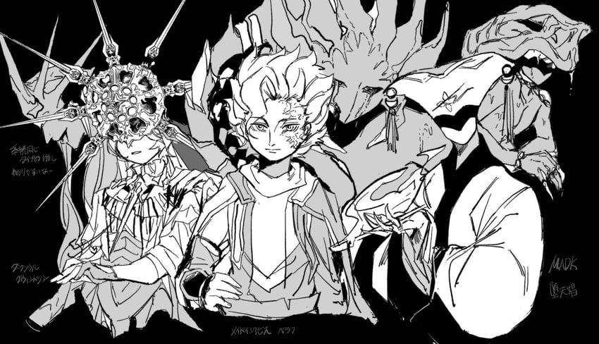 dark sun gwyndolin, nameless king, belafu, and aldrich devourer of gods (dark souls and 3 more) drawn by zunkome