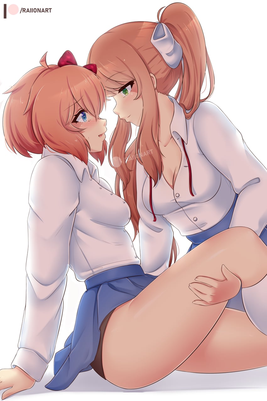 monika and sayori (doki doki literature club) drawn by raion_(raionart)