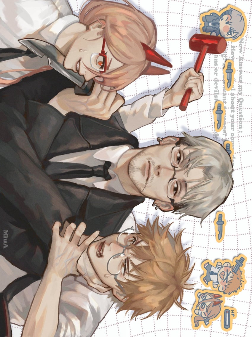 power, denji, and kishibe (chainsaw man) drawn by akira_yoru