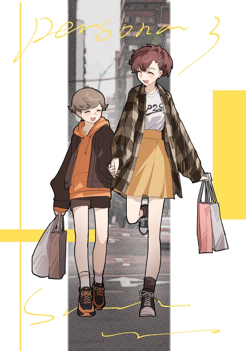 shiomi kotone and amada ken (persona and 3 more) drawn by eca_leaf