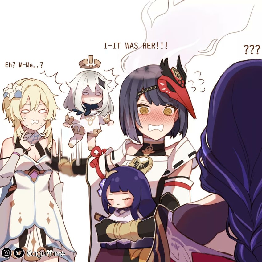 lumine, raiden shogun, paimon, and kujou sara (genshin impact) drawn by kagurinne