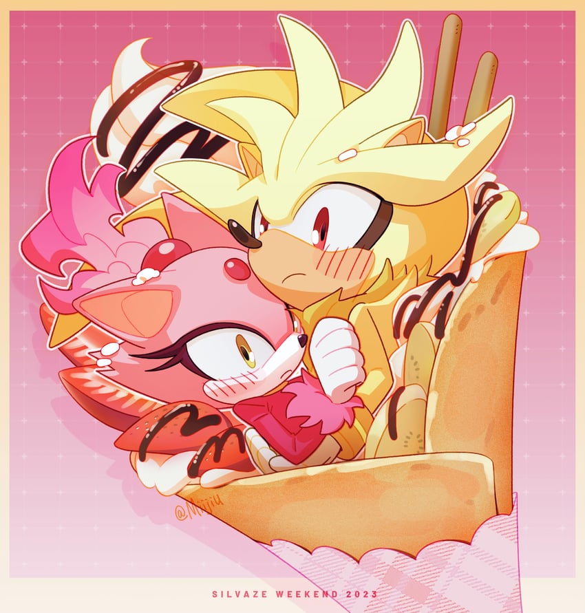 blaze the cat, silver the hedgehog, burning blaze, and super silver (sonic) drawn by miijiu