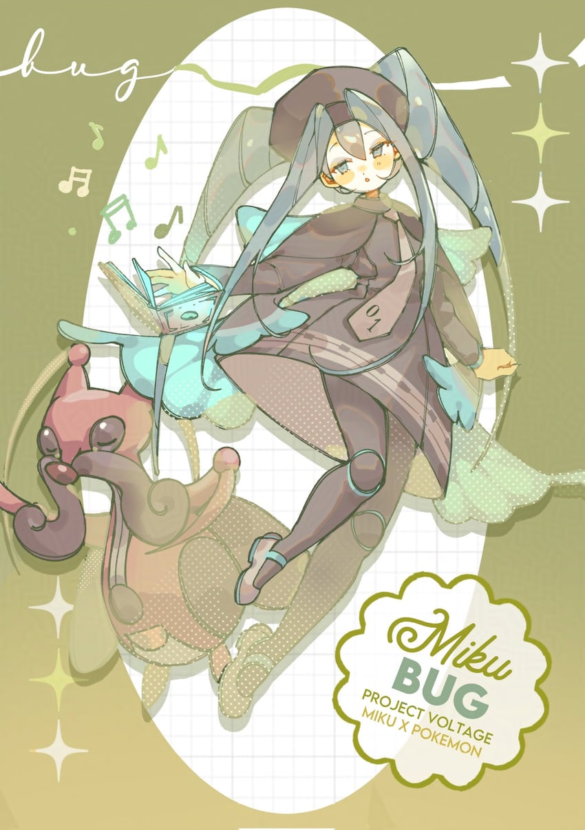 hatsune miku, bug miku, and kricketune (pokemon and 2 more) drawn by myun_(myun_art)