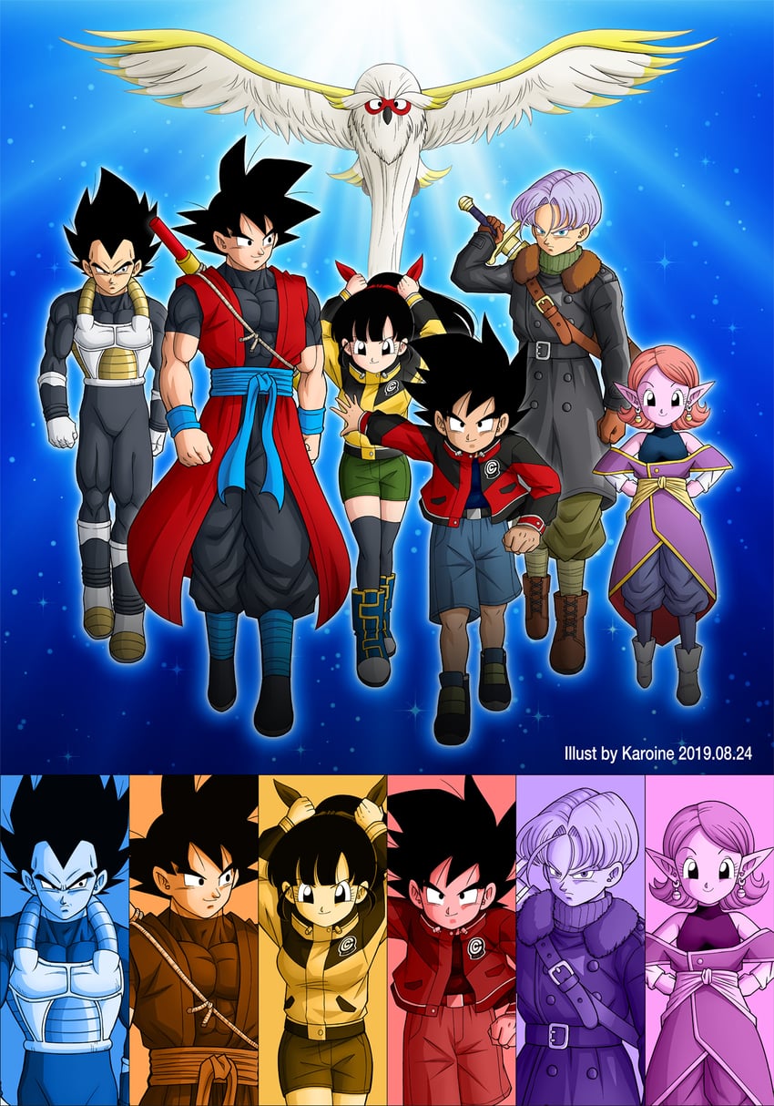 son goku, vegeta, trunks, chronoa, note, and 2 more (dragon ball and 1 more) drawn by karoine