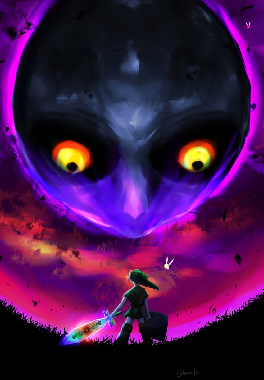 link, young link, tatl, and moon (the legend of zelda and 1 more) drawn by suzu_(suzulin)