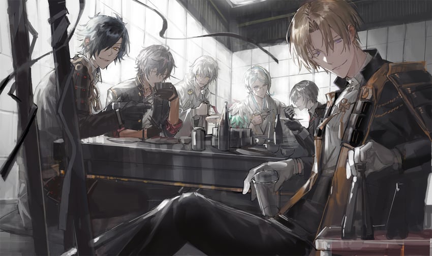 tsurumaru kuninaga, yagen toushirou, shokudaikiri mitsutada, heshikiri hasebe, ookurikara, and 1 more (touken ranbu) drawn by nana_tetra
