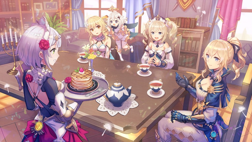 lumine, paimon, barbara, jean, and noelle (genshin impact) drawn by anbe_yoshirou
