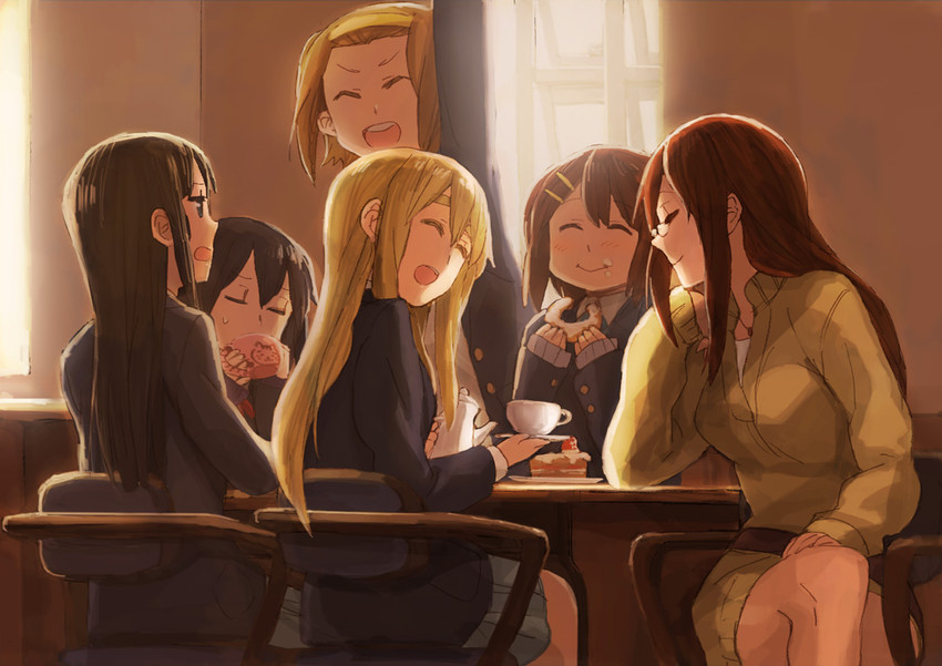 akiyama mio, nakano azusa, hirasawa yui, tainaka ritsu, kotobuki tsumugi, and 1 more (k-on!) drawn by fukutarou_(enji127)