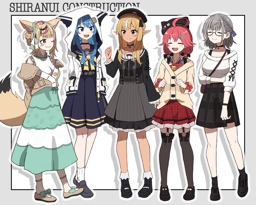 hoshimachi suisei, sakura miko, shirogane noel, shiranui flare, and omaru polka (hololive) drawn by kaigaraori