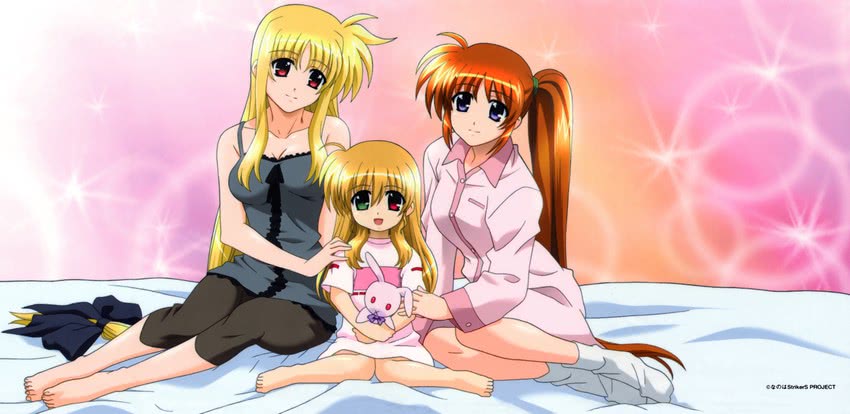 fate testarossa, takamachi nanoha, and vivio (lyrical nanoha and 1 more) drawn by okuda_yasuhiro