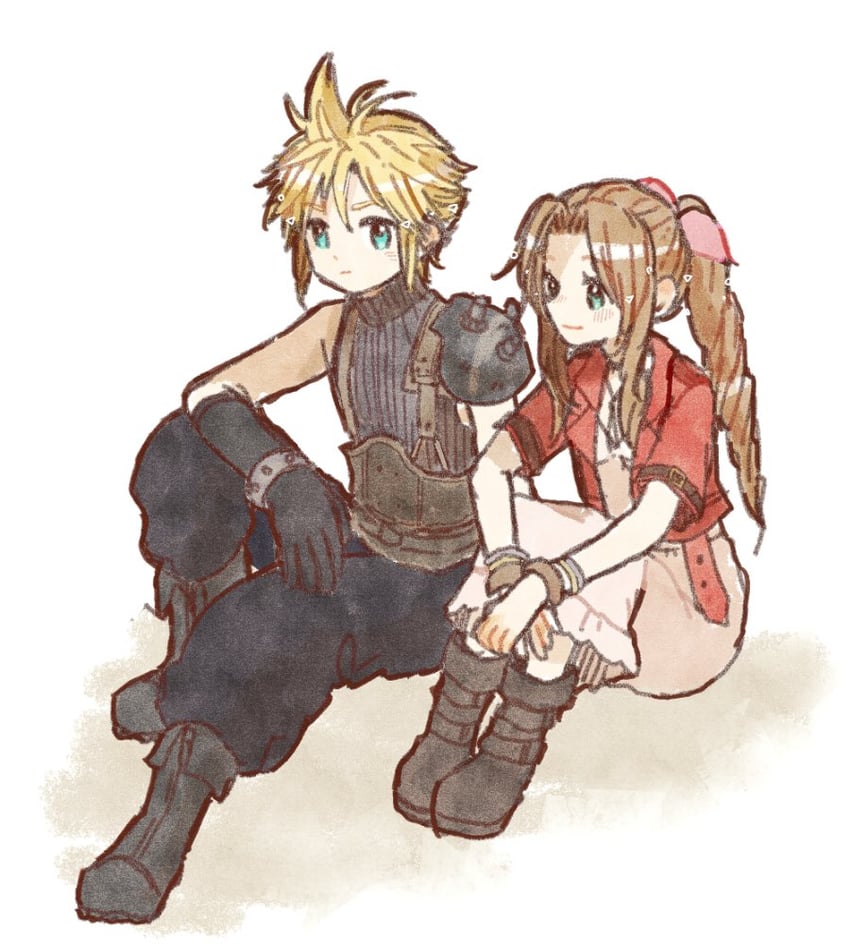 cloud strife and aerith gainsborough (final fantasy and 2 more) drawn by kinako_mitaina