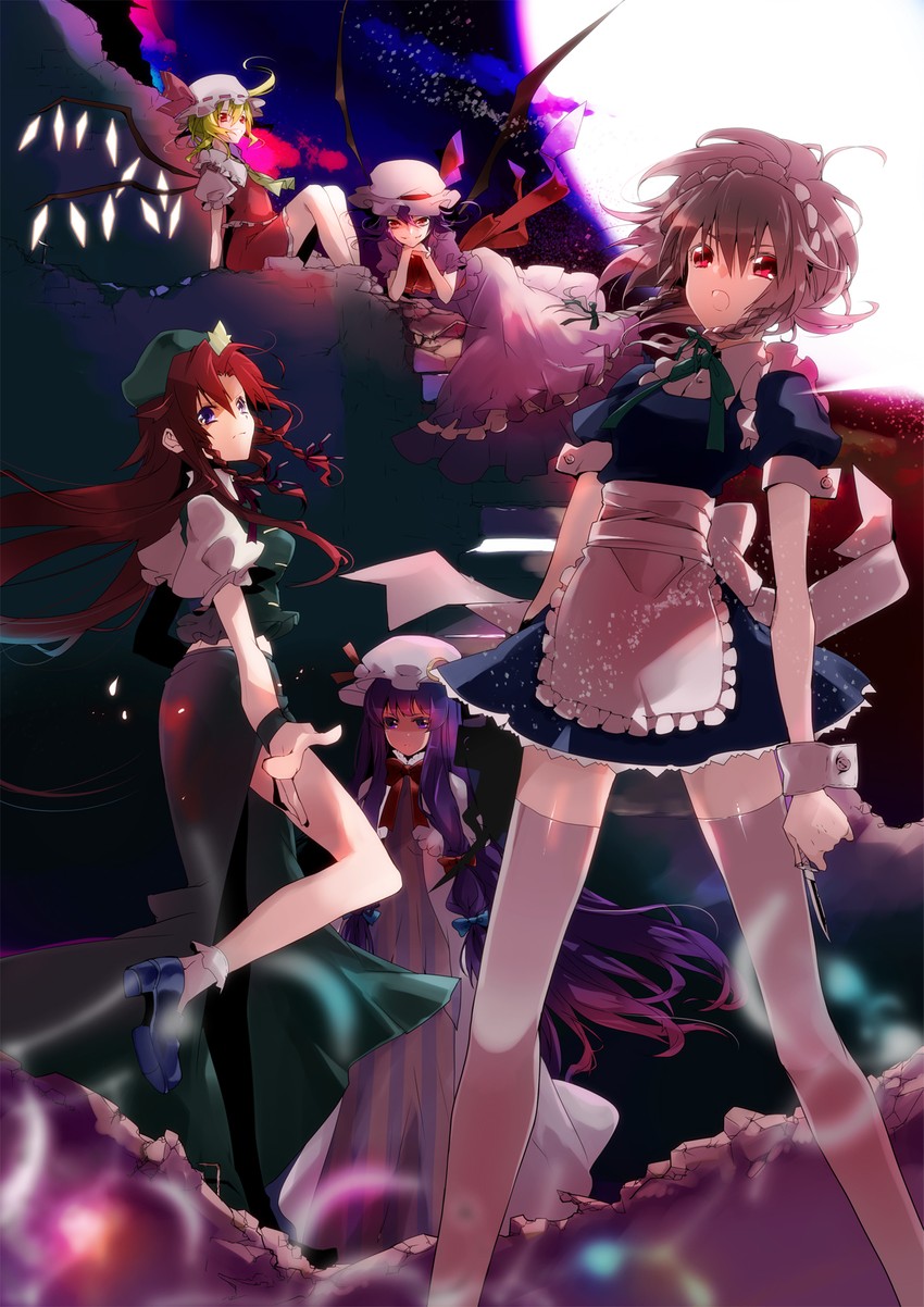 remilia scarlet, flandre scarlet, izayoi sakuya, patchouli knowledge, and hong meiling (touhou) drawn by manyako_(mohumohu)