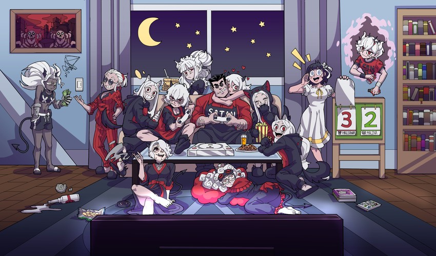 lucifer, modeus, justice, helltaker, cerberus, and 7 more (helltaker) drawn by roonma1