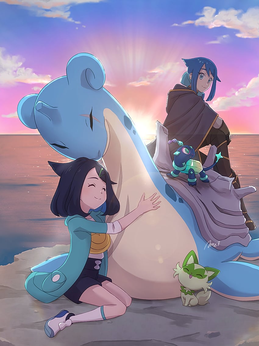 sprigatito, liko, lapras, terapagos, and lucius (pokemon and 1 more) drawn by amedamaneko