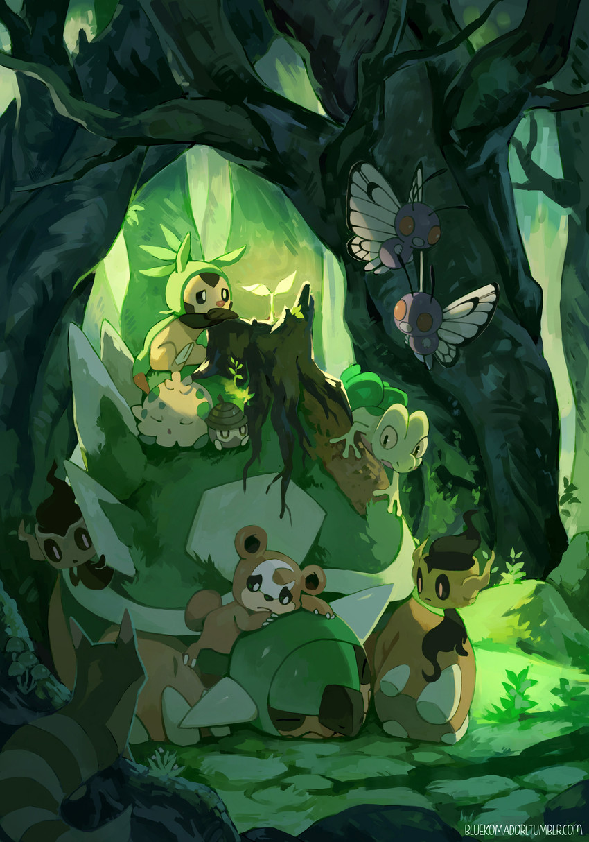 treecko, butterfree, chespin, sentret, teddiursa, and 4 more (pokemon) drawn by bluekomadori