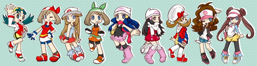 dawn, may, rosa, hilda, leaf, and 2 more (pokemon and 9 more) drawn by rozarii