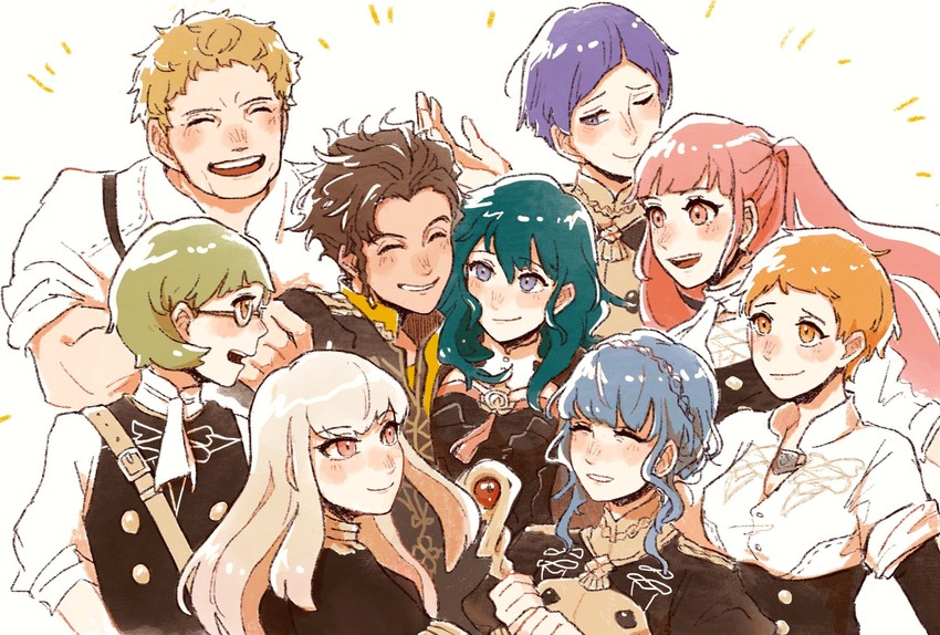 female byleth, hilda valentine goneril, lysithea von ordelia, marianne von edmund, claude von riegan, and 4 more (fire emblem and 1 more) drawn by potori3939