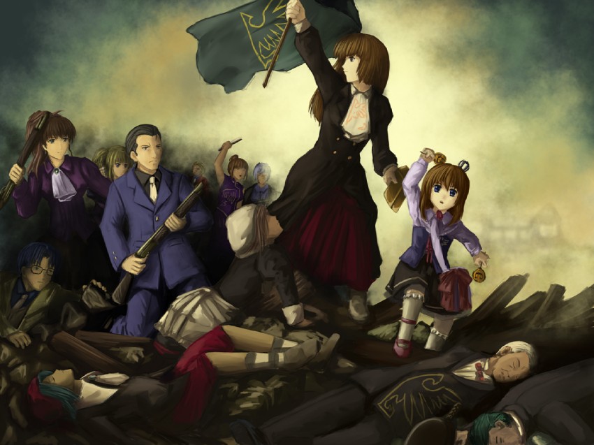 ushiromiya battler, ushiromiya maria, ushiromiya jessica, shannon, kanon, and 9 more (umineko no naku koro ni and 1 more) drawn by tomw