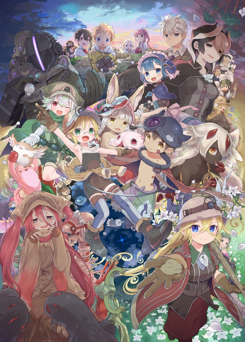 nanachi, reg, faputa, riko, ozen, and 33 more (made in abyss) drawn by nade