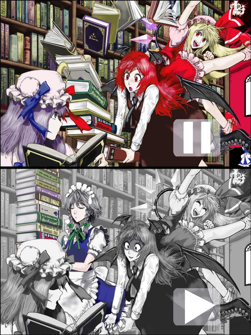 flandre scarlet, izayoi sakuya, patchouli knowledge, and koakuma (touhou) drawn by umami_(sakeikura)