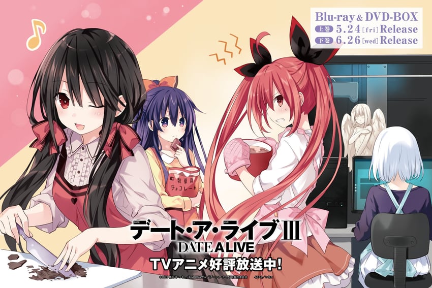 tokisaki kurumi, yatogami tohka, itsuka kotori, and tobiichi origami (date a live) drawn by tsunako