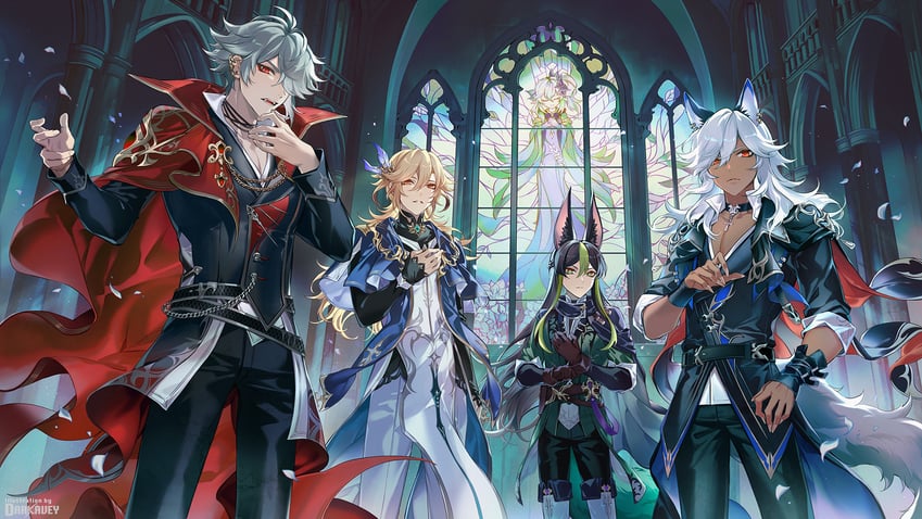 nahida, alhaitham, tighnari, kaveh, and cyno (genshin impact) drawn by darkavey