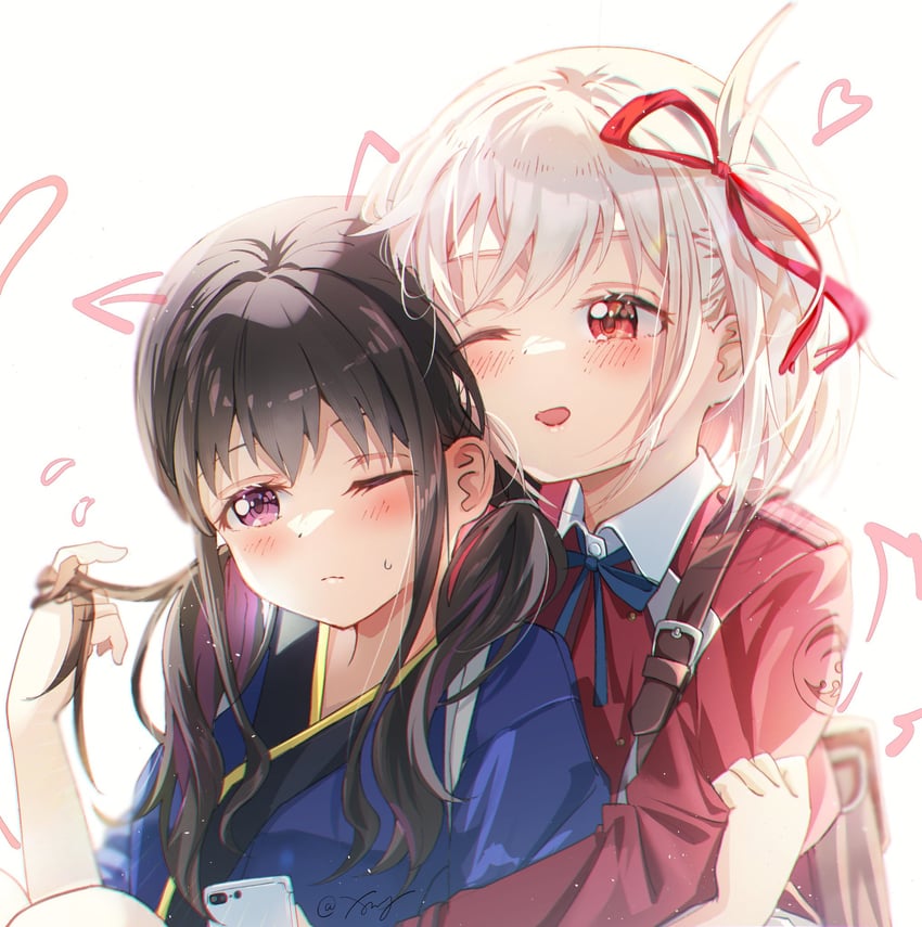 nishikigi chisato and inoue takina (lycoris recoil) drawn by hzs_yumu