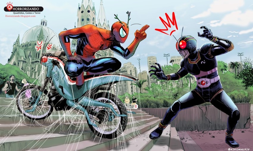 spider-man, kamen rider black, and battle hopper (marvel and 3 more) drawn by kikomauriz