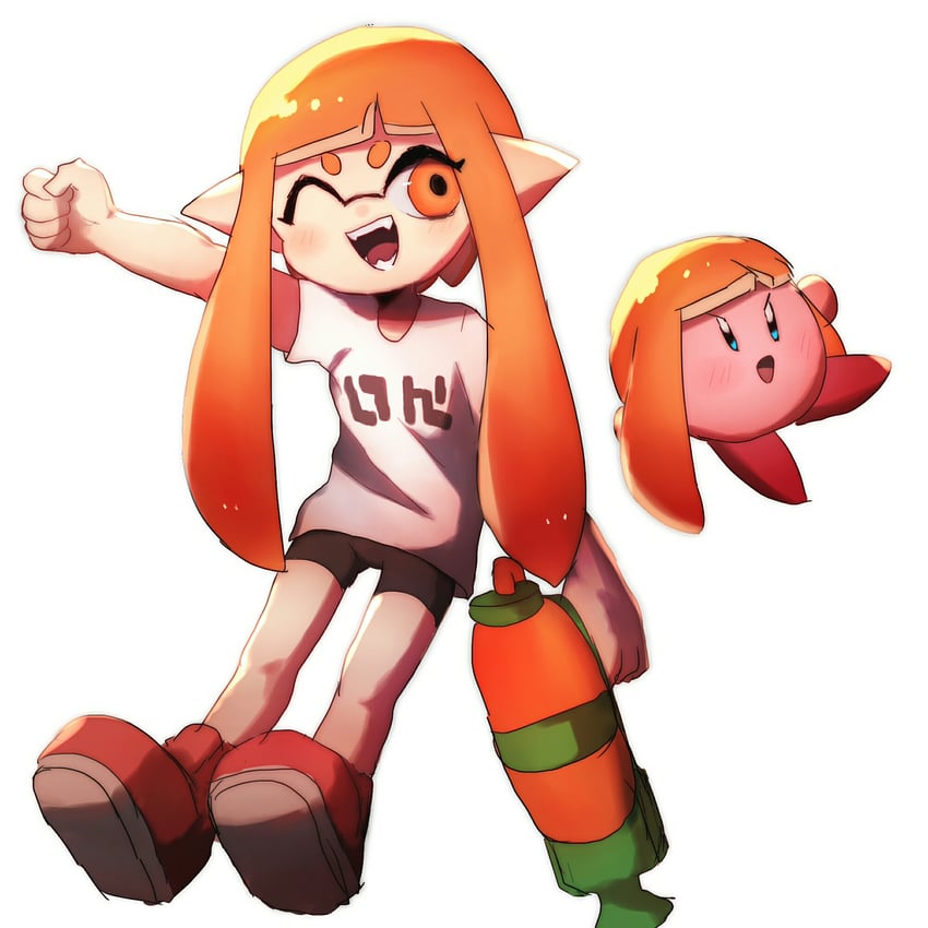 inkling player character, inkling girl, kirby, and kaori (splatoon and 2 more) drawn by wuju59