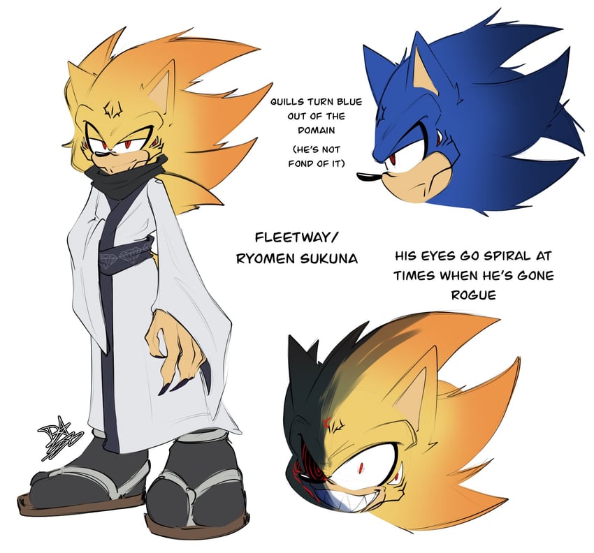 sonic the hedgehog, ryoumen sukuna, super sonic, and fleetway super sonic (jujutsu kaisen and 2 more) drawn by drag0nartzz