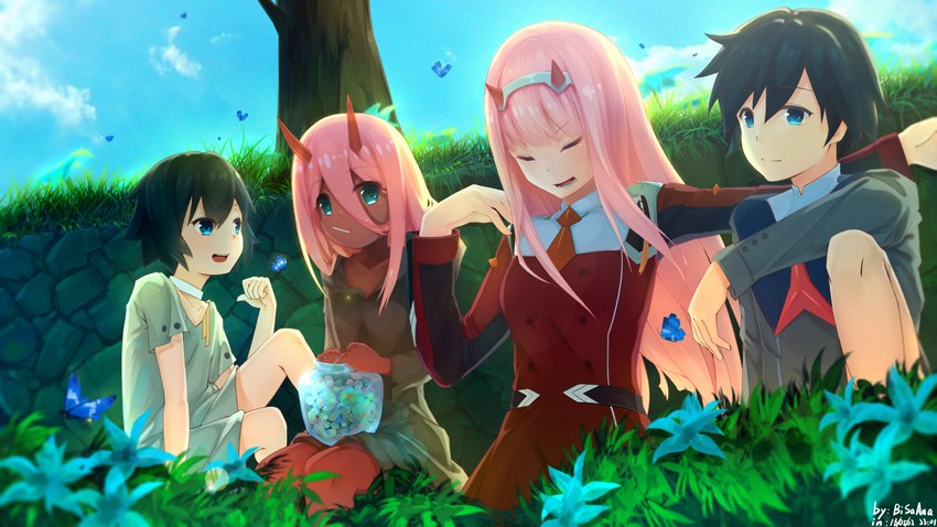 zero two and hiro (darling in the franxx) drawn by bisaana