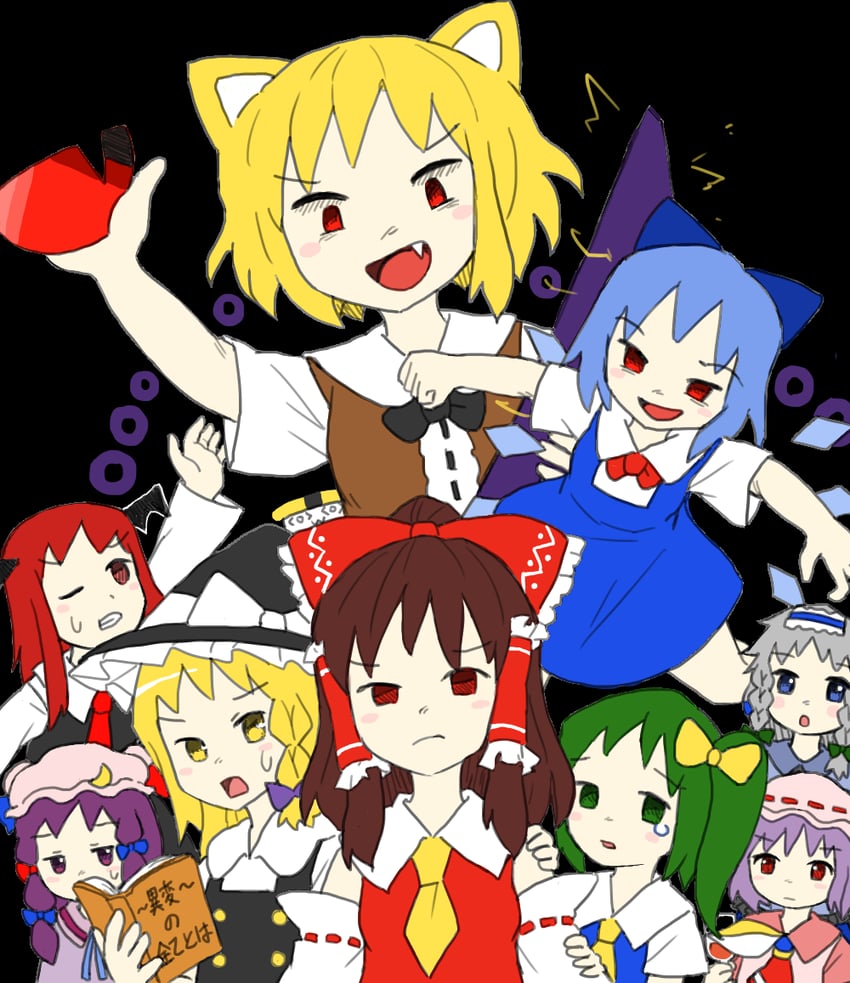 hakurei reimu, kirisame marisa, remilia scarlet, izayoi sakuya, cirno, and 4 more (touhou and 1 more) drawn by bseibutsu