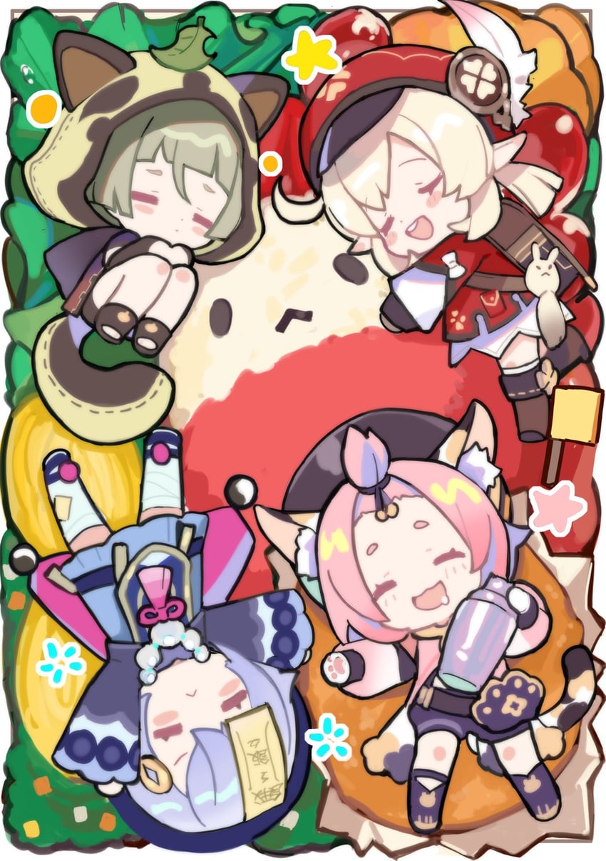 klee, qiqi, dodoco, diona, and sayu (genshin impact) drawn by miebao