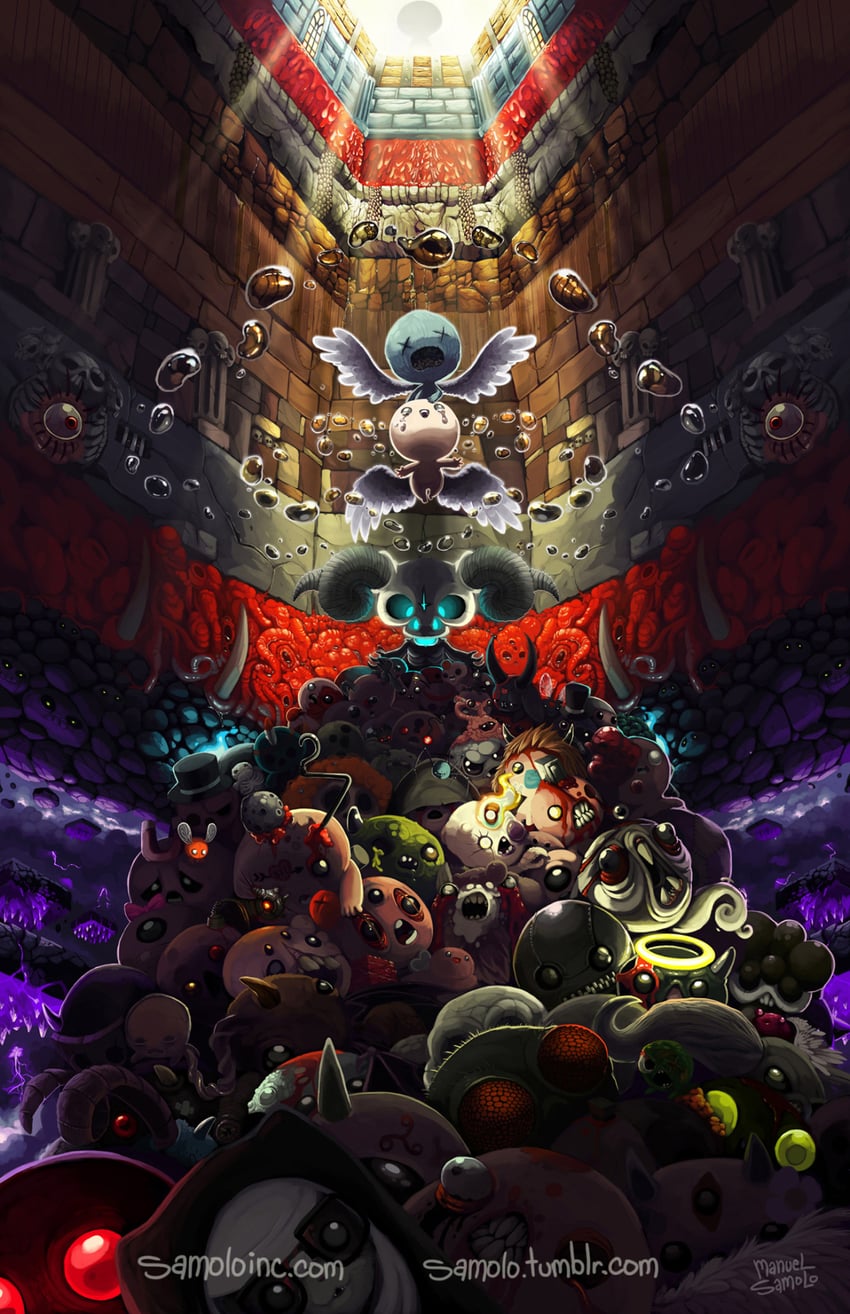 isaac, dead bird, ???, guppy, the lamb, and 2 more (the binding of isaac and 1 more) drawn by samolo