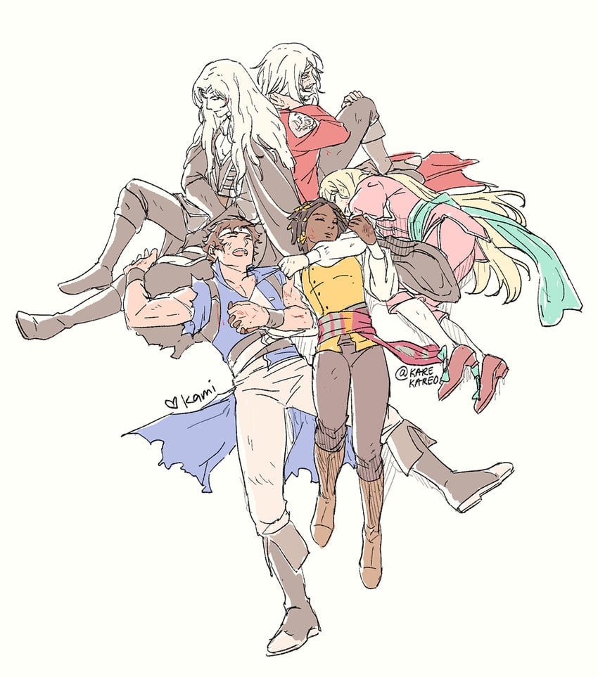 richter belmont, alucard, maria renard, juste belmont, and annette (castlevania and 1 more) drawn by kamille_areopagita