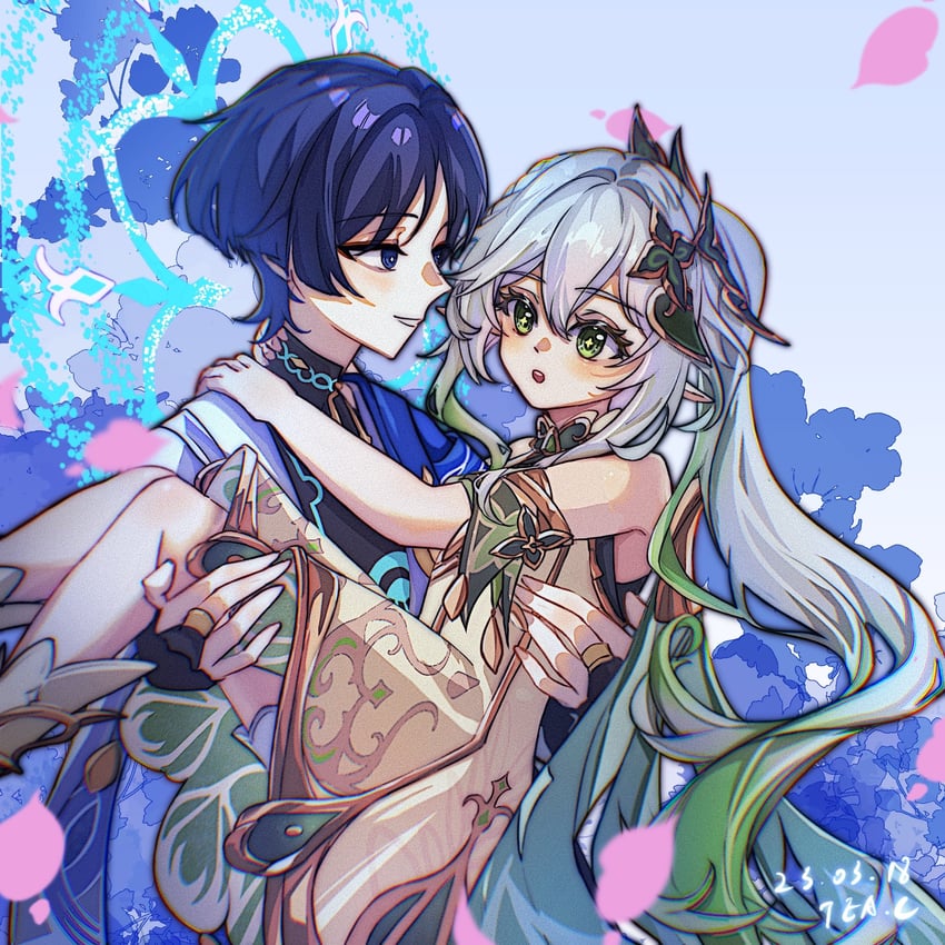 scaramouche, nahida, and wanderer (genshin impact) drawn by tea0119_c