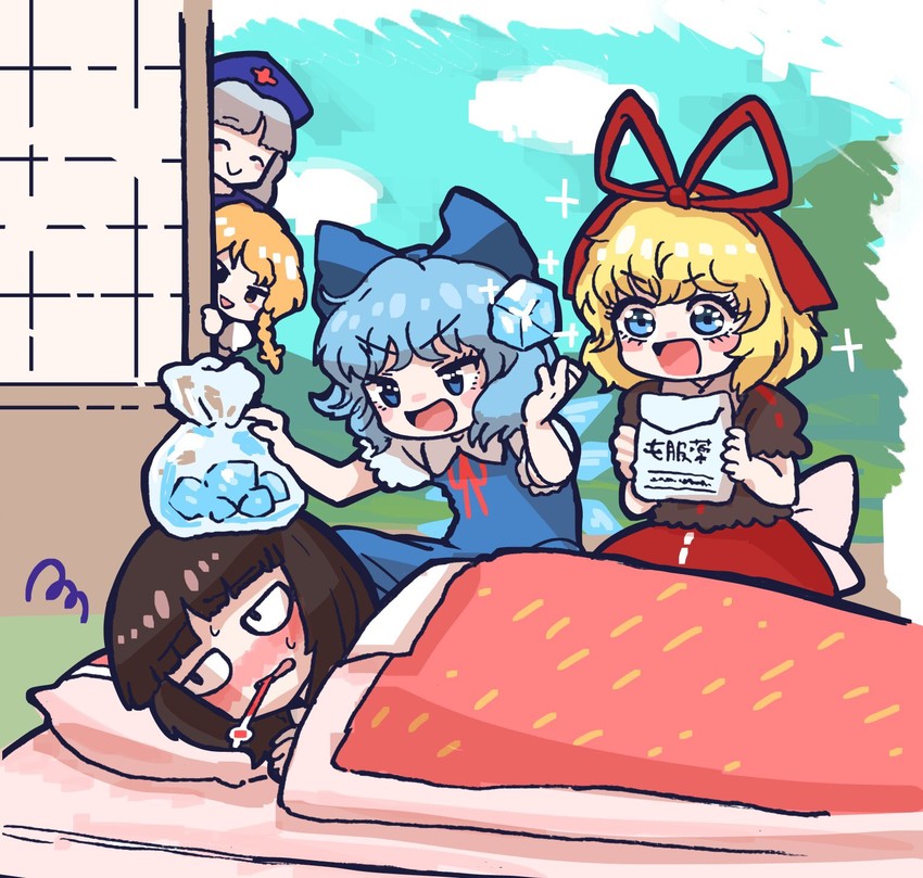 hakurei reimu, kirisame marisa, cirno, yagokoro eirin, and medicine melancholy (touhou) drawn by howhow_notei