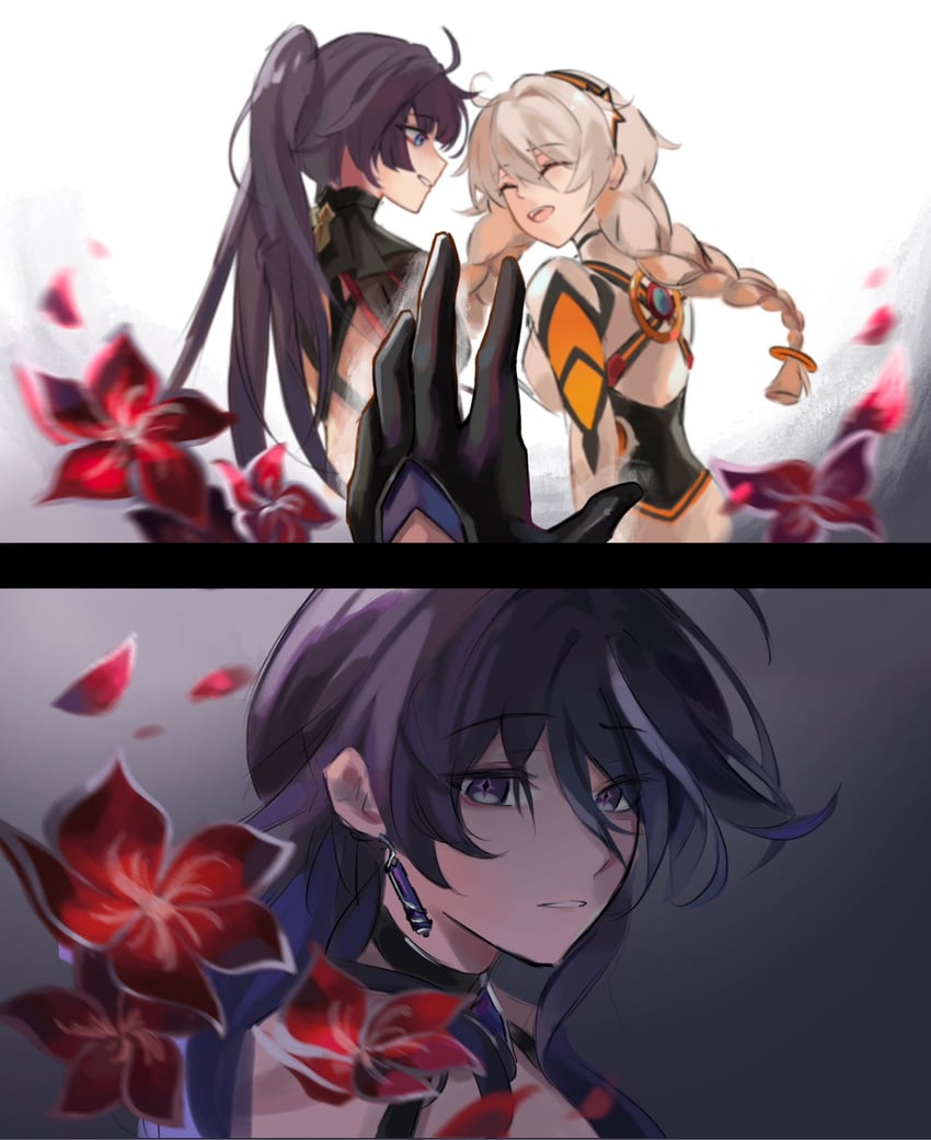 kiana kaslana, acheron, and raiden mei (honkai and 2 more) drawn by blue_(bluespring1513)