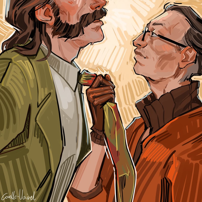 kim kitsuragi, harry du bois, and horrific necktie (disco elysium) drawn by corellevairel