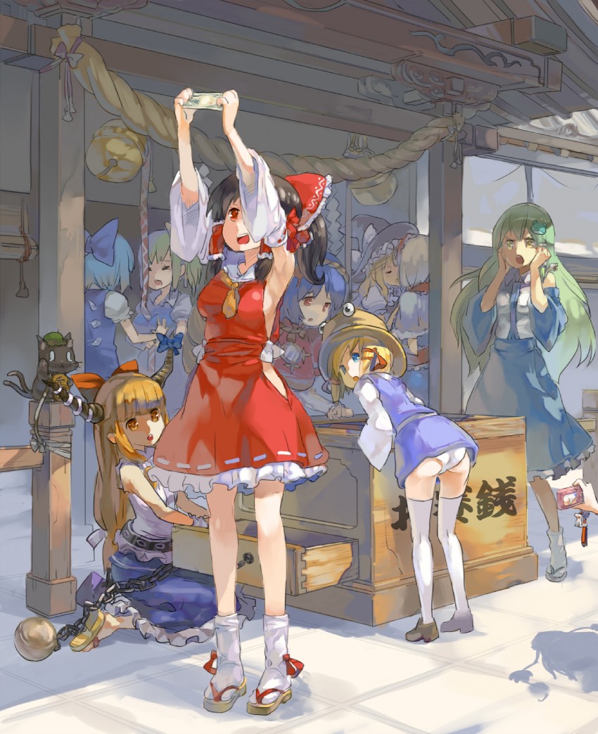 hakurei reimu, kirisame marisa, kochiya sanae, alice margatroid, cirno, and 7 more (touhou) drawn by 77gl
