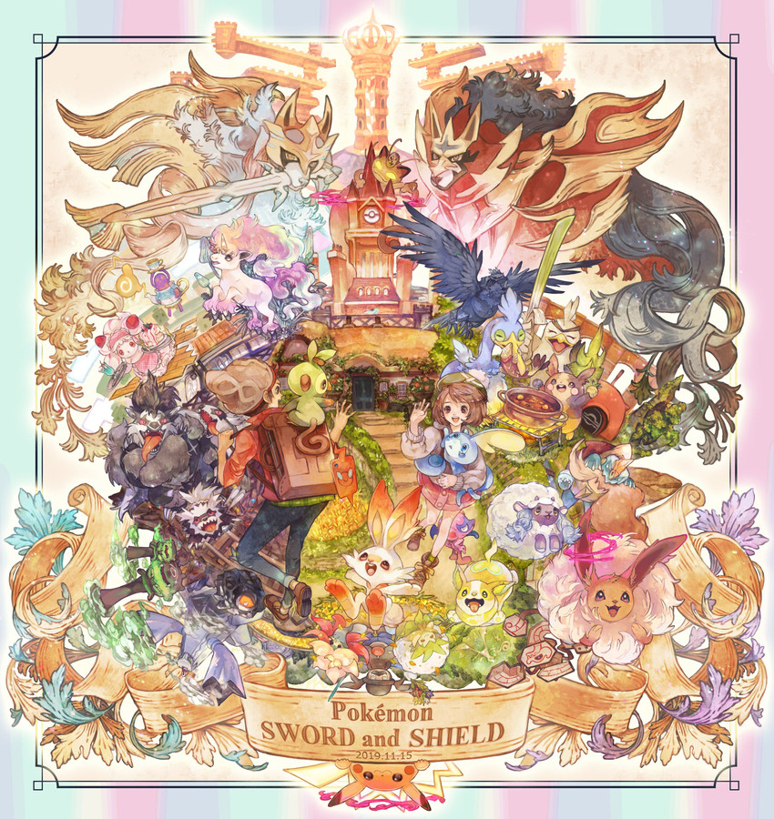 pikachu, gloria, eevee, rotom, rotom phone, and 27 more (pokemon and 1 more) drawn by mokunami