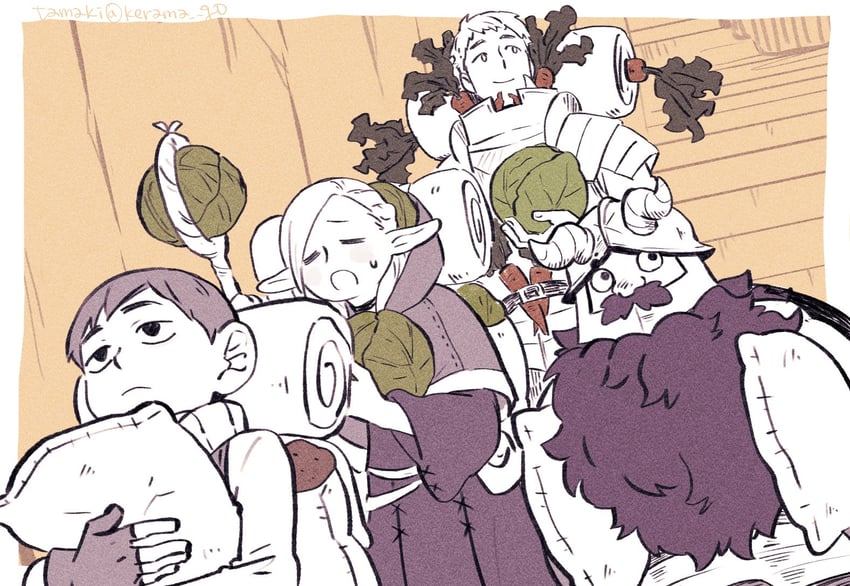 marcille donato, laios touden, senshi, and chilchuck tims (dungeon meshi) drawn by tamaki26j
