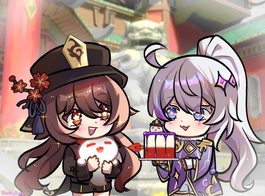 hu tao, kiana kaslana, boo tao, and tao dian (genshin impact and 3 more) drawn by koala_k423