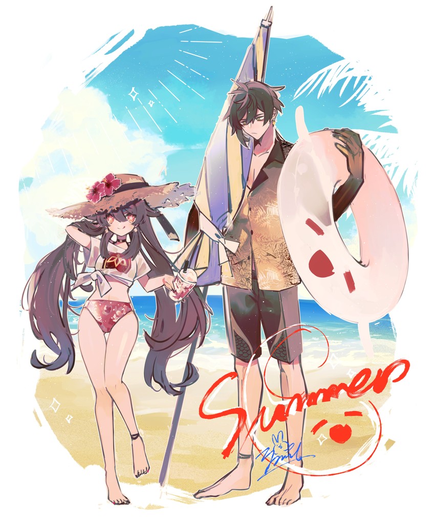 hu tao, zhongli, and boo tao (genshin impact) drawn by zoo_min