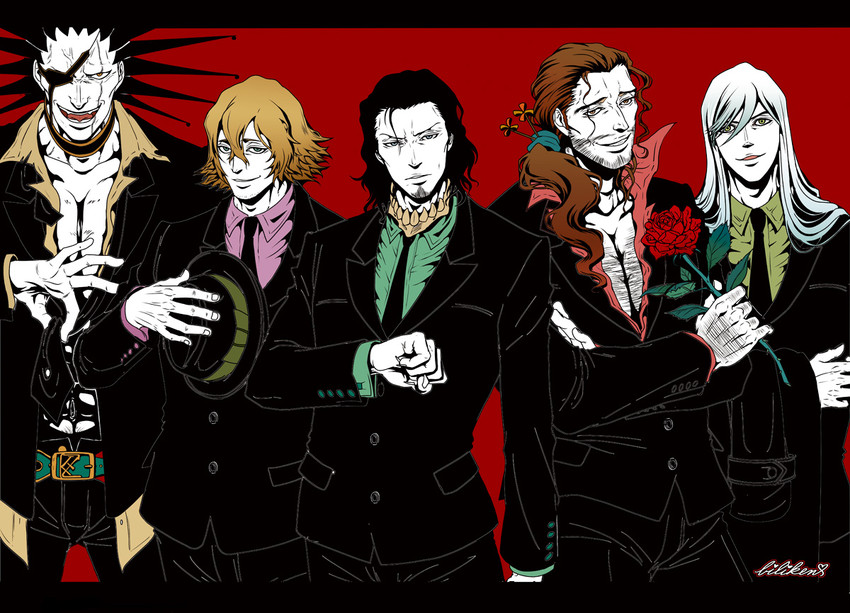 urahara kisuke, zaraki kenpachi, kyouraku shunsui, ukitake juushirou, and coyote starrk (bleach) drawn by biliken