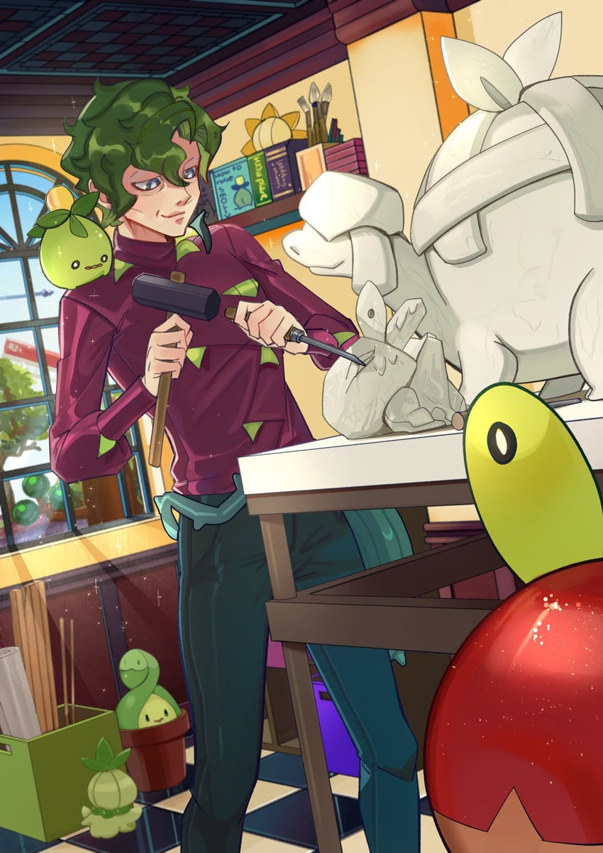 applin, budew, petilil, smoliv, sudowoodo, and 2 more (pokemon and 1 more) drawn by leunkon