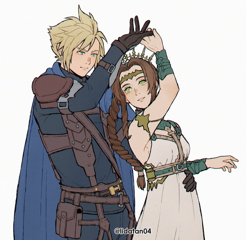 cloud strife and aerith gainsborough (final fantasy and 3 more) drawn by lida_(lidalida04)
