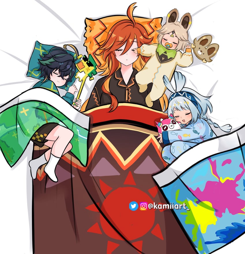 mavuika, mualani, kinich, kachina, and ajaw (genshin impact) drawn by kamiiart
