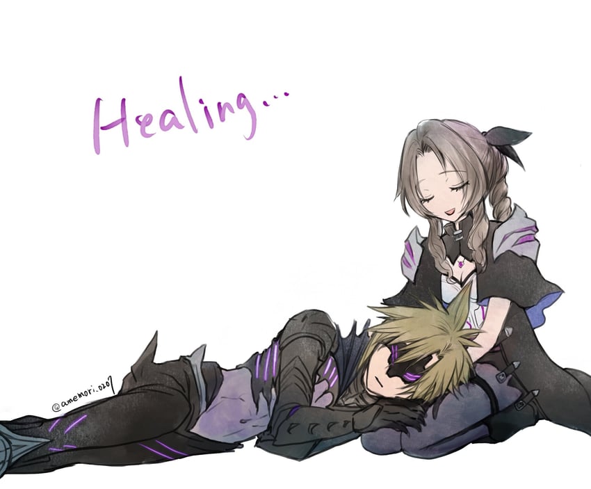 cloud strife and aerith gainsborough (final fantasy and 2 more) drawn by amemori_0207